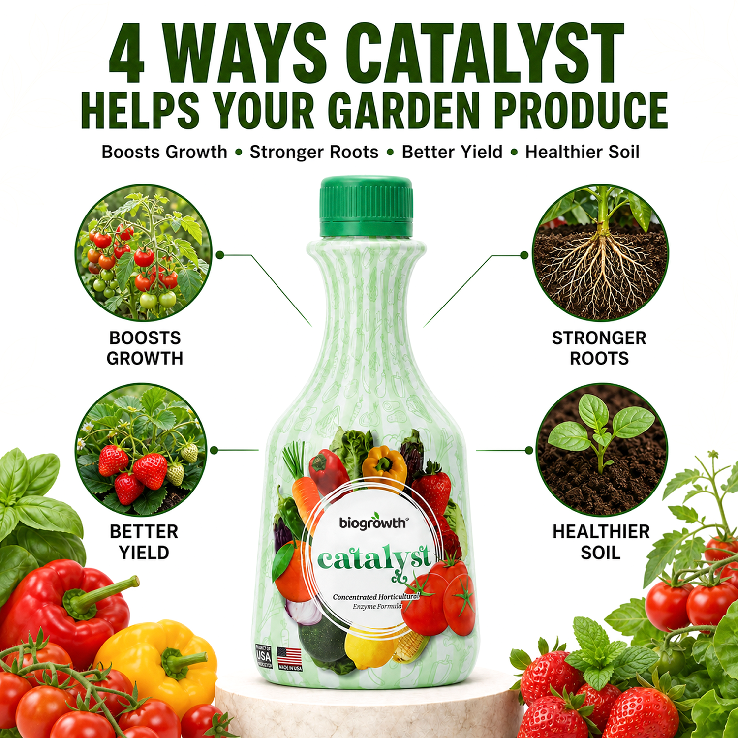 A bottle of biogrowth Catalyst Organic Fertilizer displayed on a pedestal with four circular inset images showing tomato plants, roots, strawberries, and a seedling, under the headline '4 WAYS CATALYST HELPS YOUR GARDEN PRODUCE'.