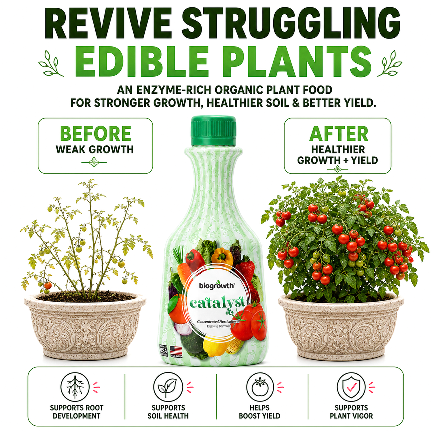 Biogrowth Catalyst Revive Struggling Edible Plants organic plant food bottle shown on a white background with before-and-after plant growth comparisons and feature icons below.