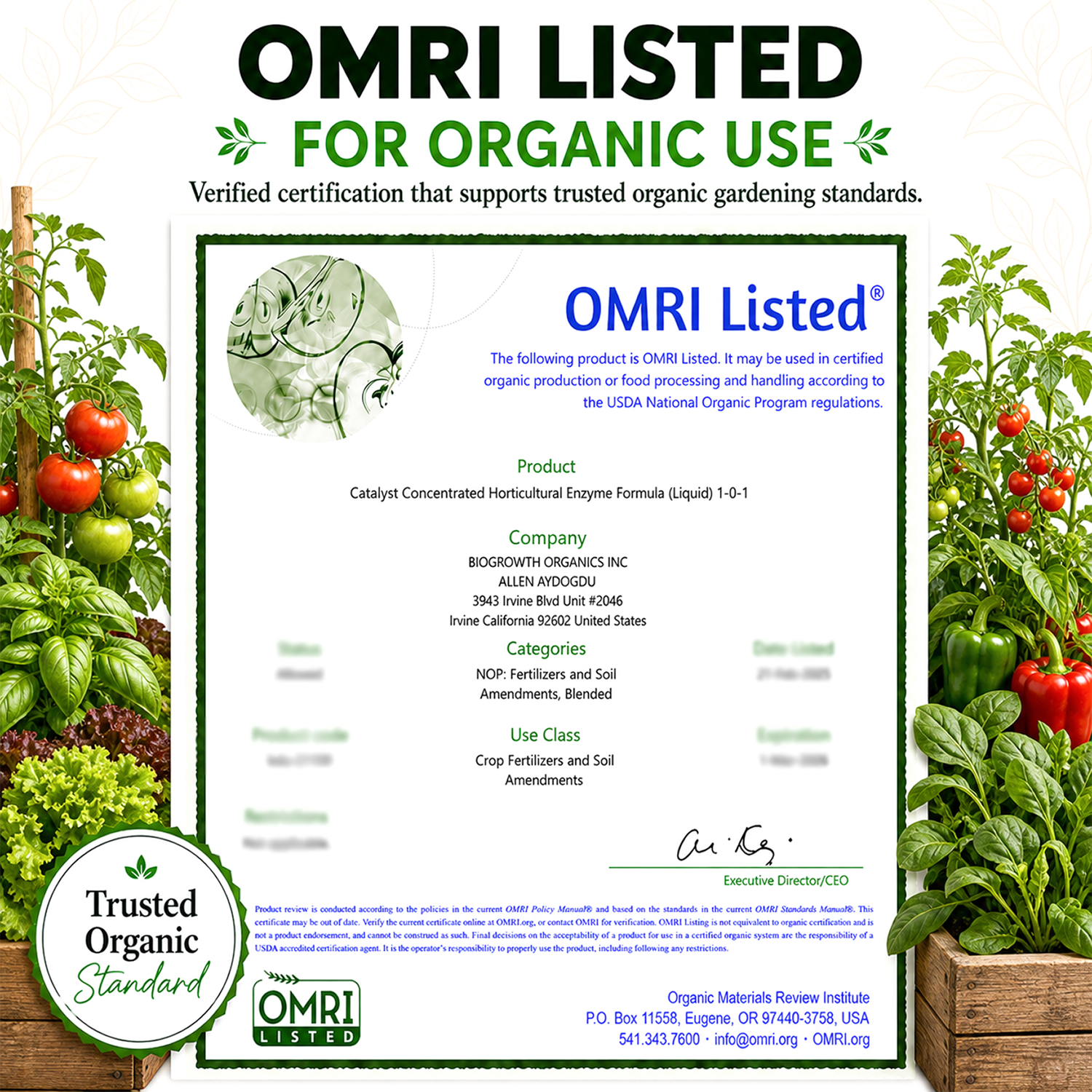 OMRI Listed for Organic Use certification label for BioGenesis Organics Inc. Cat 1-0-1 concentrated horticultural enzyme liquid, framed by illustrations of tomato plants and garden beds.