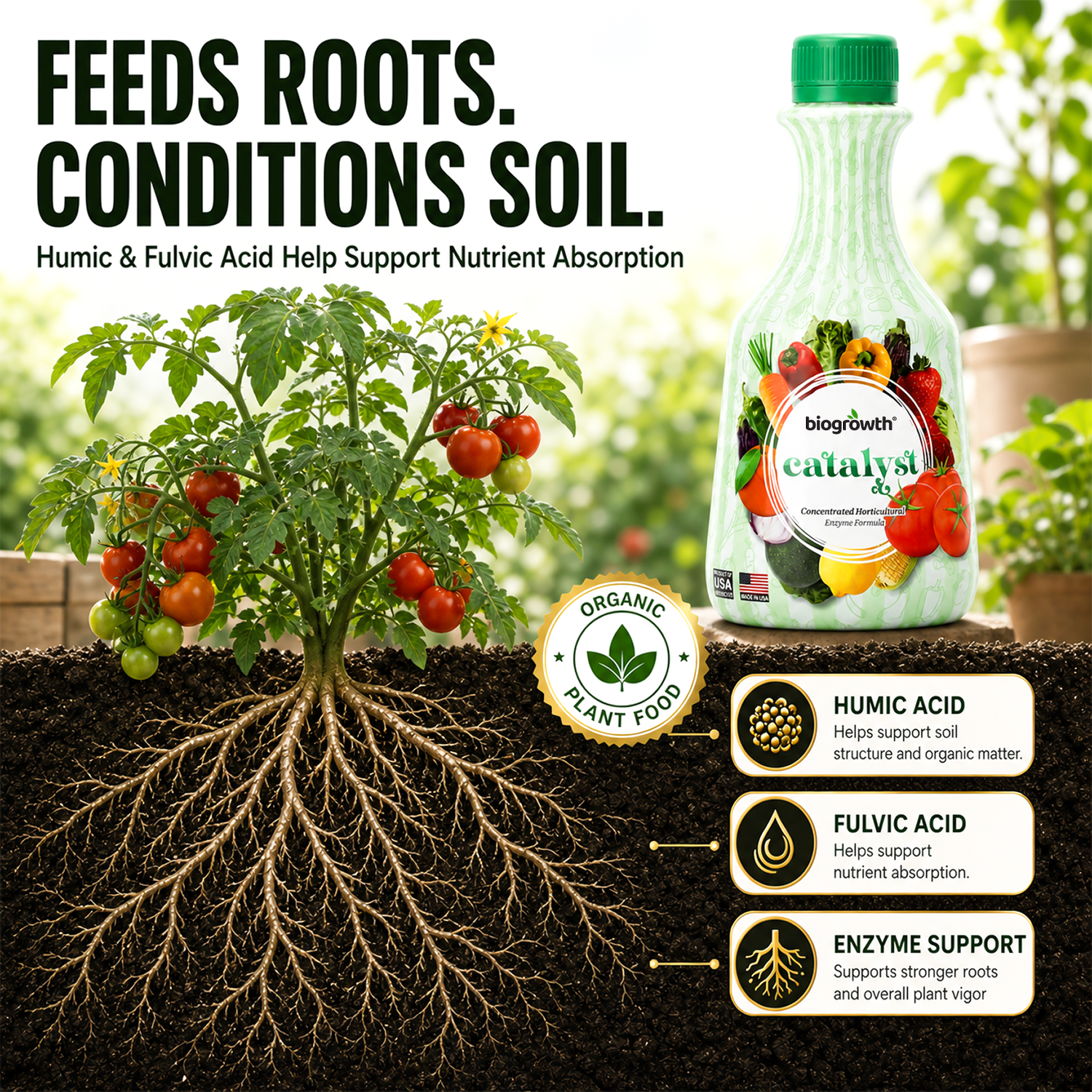 A bottle of BioGrowth Catalyze Soil supplement shown next to a tomato plant with visible roots and soil, with text explaining how humic and fulvic acid support nutrient absorption.