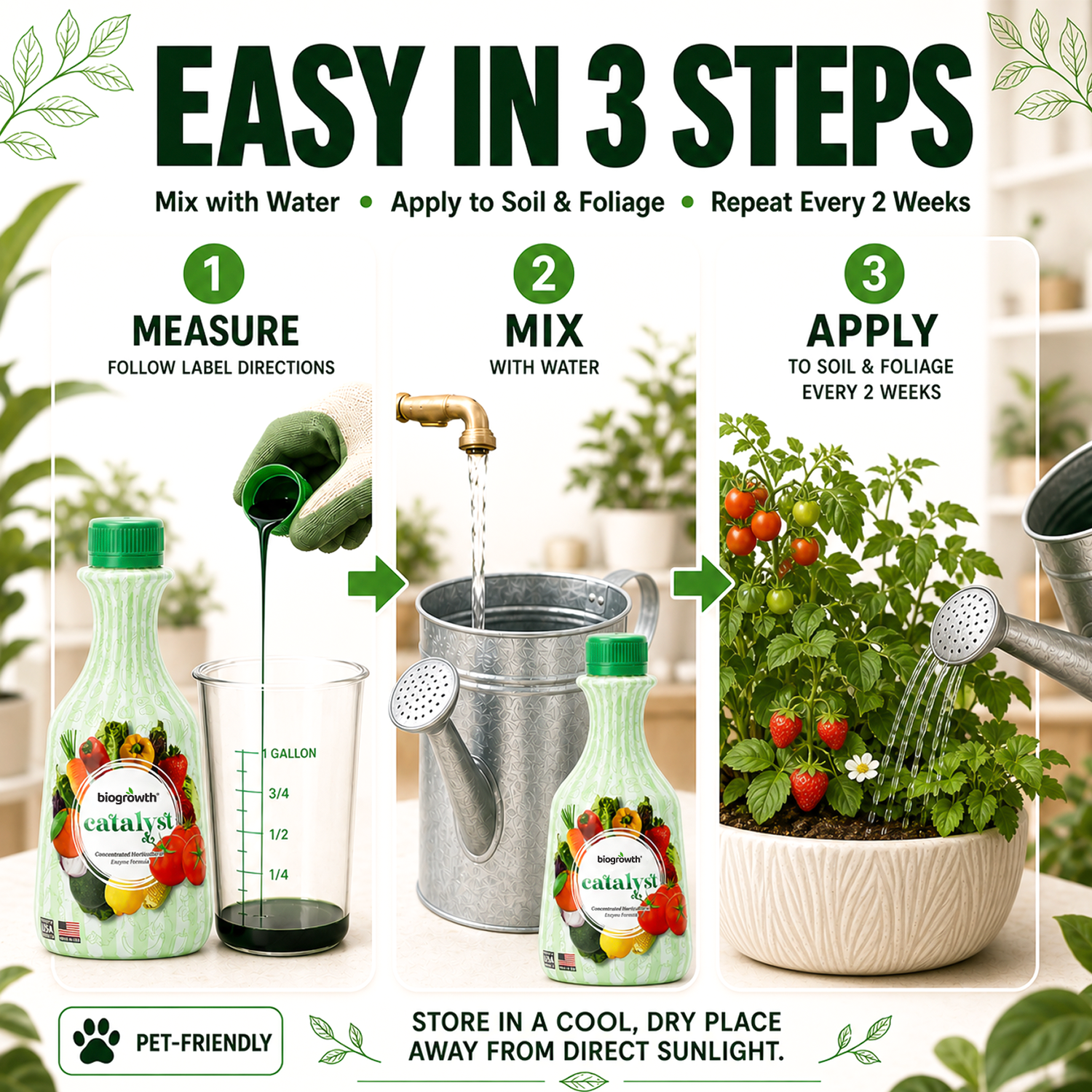 Instructional graphic tomato fertilizer showing a three-step application process: measure, mix with water, and apply to soil and foliage every 2 weeks. The image features bottles of catalyst fertilizer, a measuring cup, a metal watering can, and a potted tomato plant on a bright, clean background.