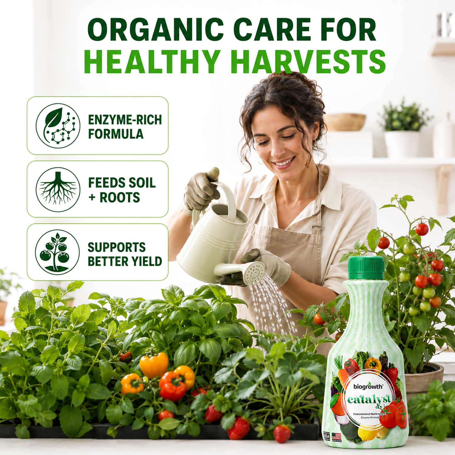 A woman in an apron and gloves waters tomato plants with a watering can, with a bottle of Catalyst  organic care fertilizer in the foreground. The image includes marketing text reading 'ORGANIC CARE FOR HEALTHY HARVESTS' and feature callouts about enzyme-rich formula, feeding soil and roots, and supporting better yield.