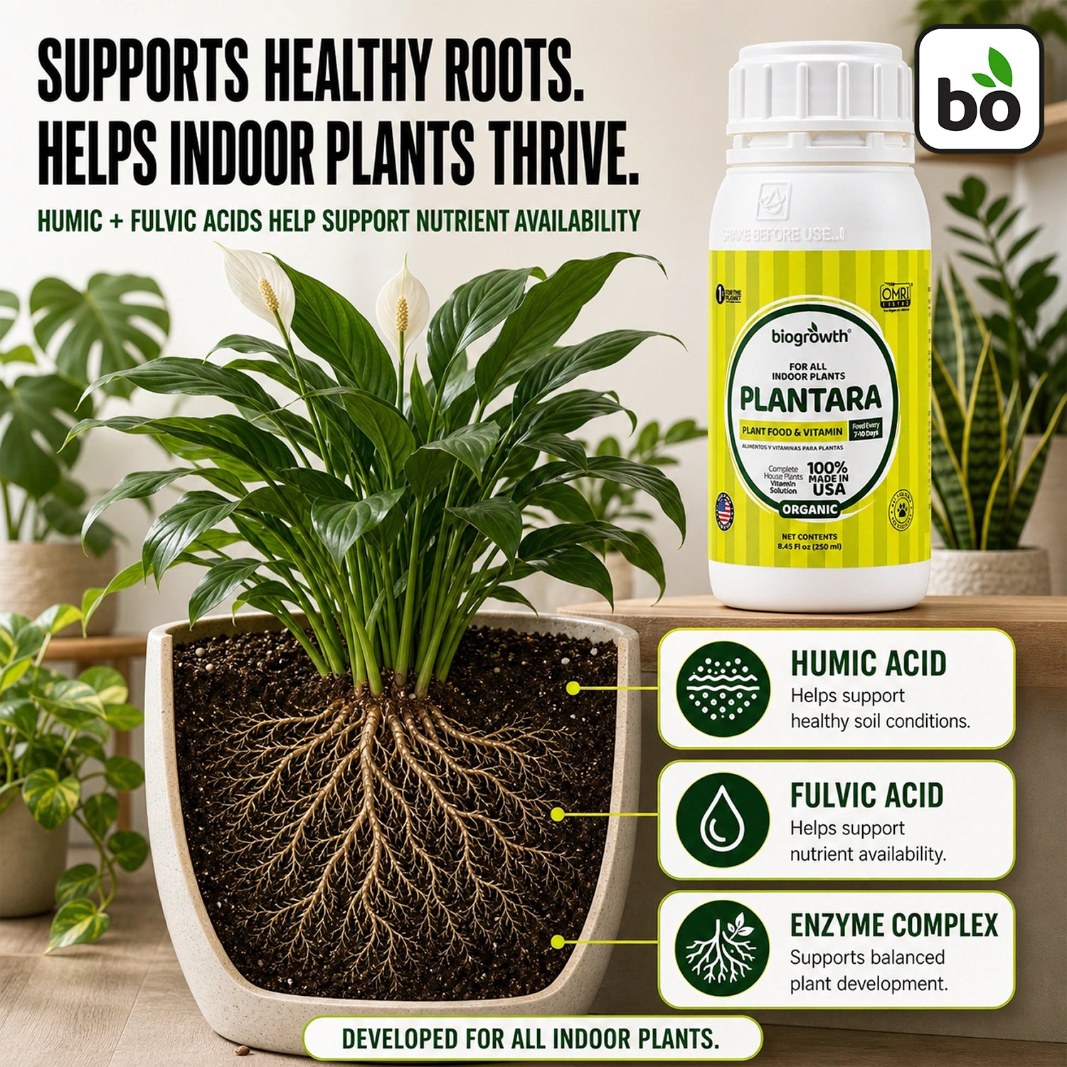 Plantara Liquid Organic Indoor Plant Food & Vitamin for Healthy Roots & Foliage - Biogrowth Organics