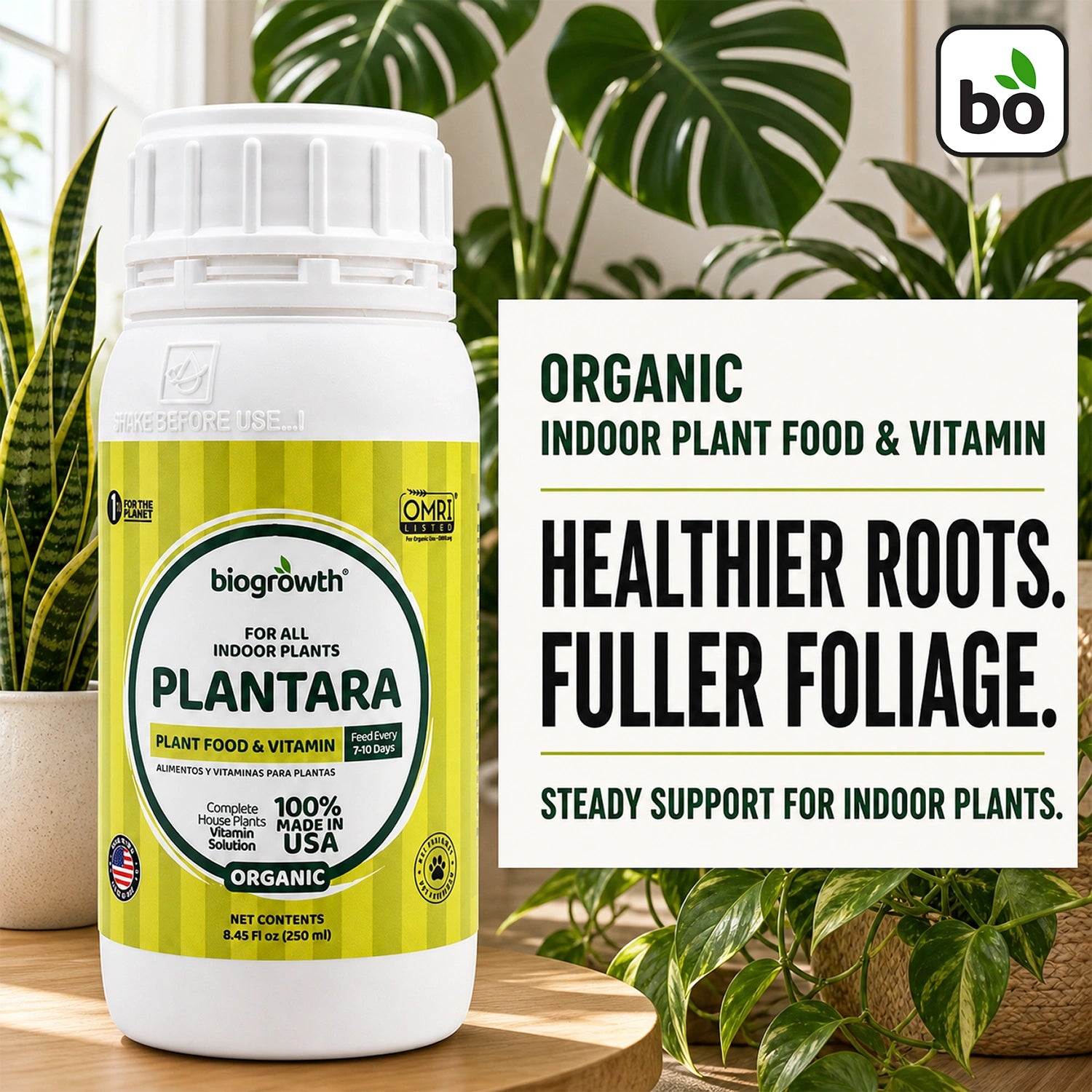 Plantara Liquid Organic Indoor Plant Food & Vitamin for Healthy Roots & Foliage - Biogrowth Organics