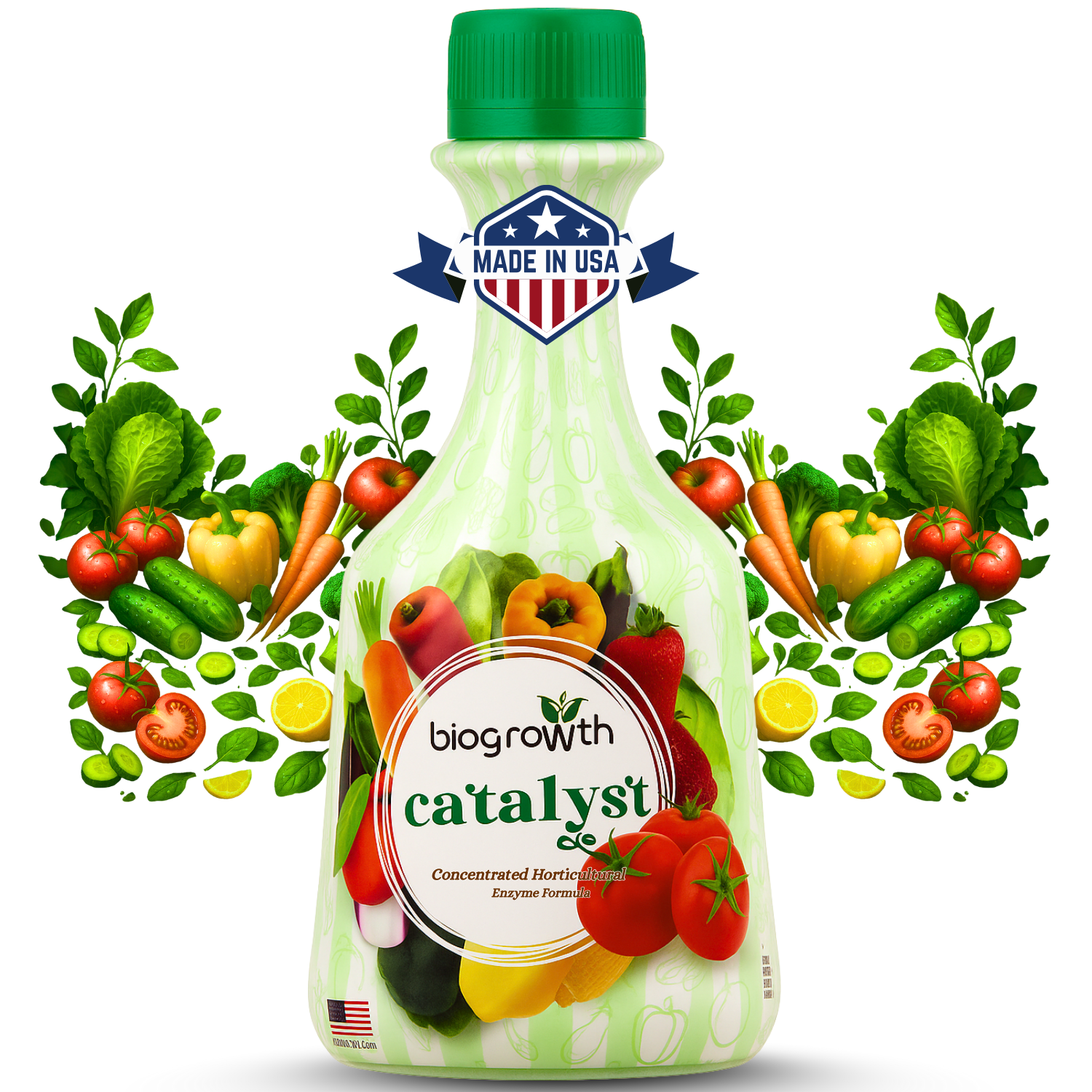 Biogrowth Catalyst bottle surrounded by fruits and vegetables with 'Made in USA' label