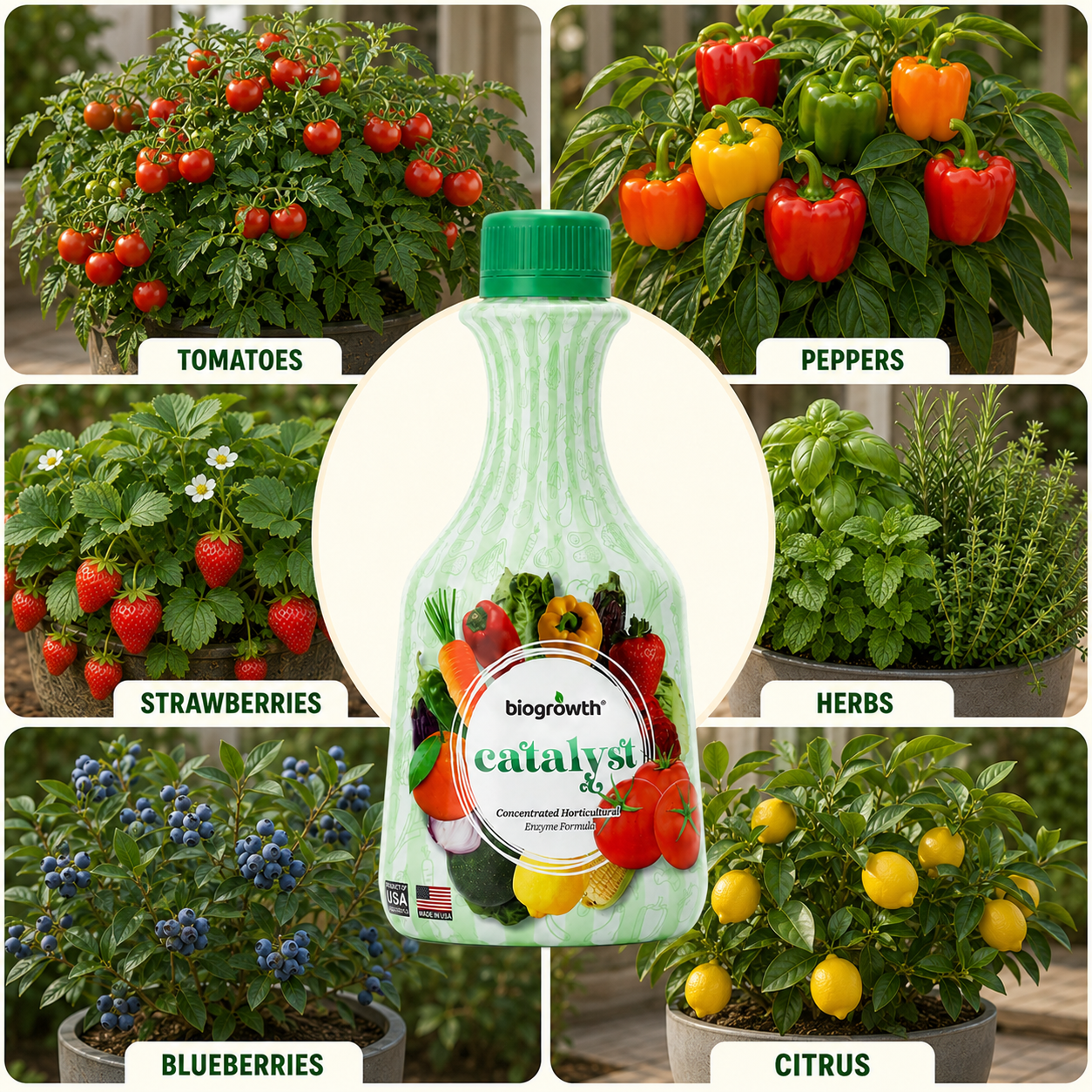 A bottle of biologrowth Catalyst Organic Vegetable Grower's Food & Foliage Stimulant centered in a collage of six labeled garden plants: tomatoes, peppers, strawberries, herbs, blueberries, and citrus.